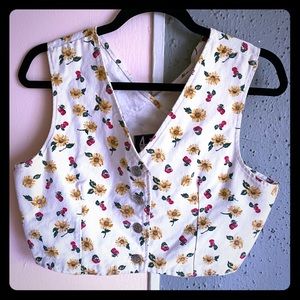 Vintage Sunflower/Cherry Print Demin Cropped Vest